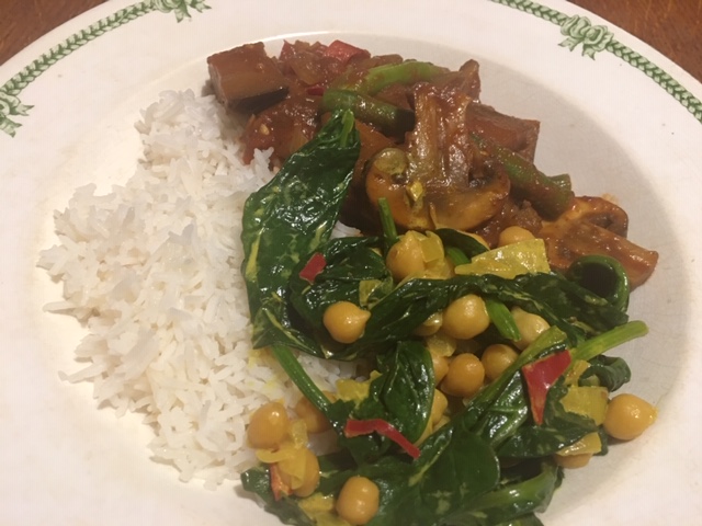 Two curries: Aubergine & Mushroom and Chick Peas and&nbsp;Spinach